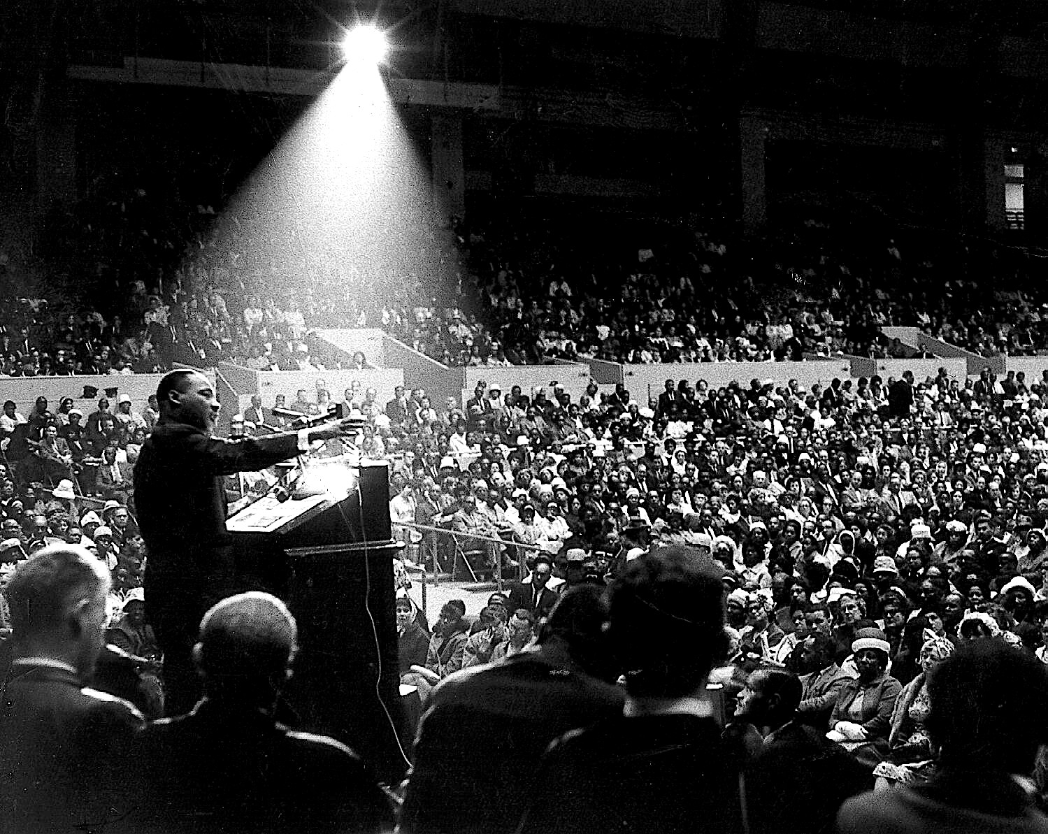 Martin Luther King Jr. speaking at interfaith civil rights rally, San Francisco Cow Palace, June 30 1964.